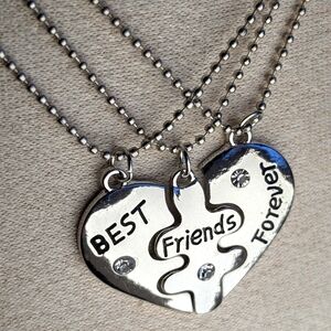 BFF 3 piece puzzle necklace gift set rhinestone stainless steel silver metal Kid